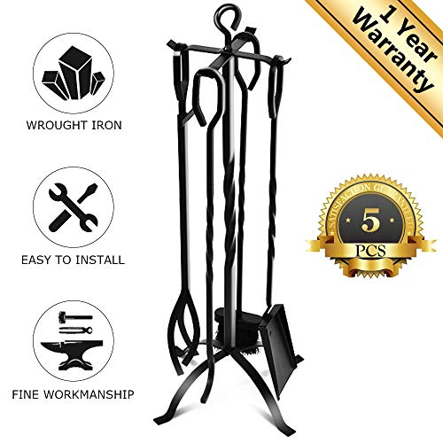 EVOLLY 5 Pieces Fireplace Tools Set 32Inch Heavy Duty Wrought Iron Fire Place Tool Set Fireplace Toolset for Fireplaces, Fire Pits, Hearth Accessories Including Tongs, Shovel, Stand, Poker & Broom
