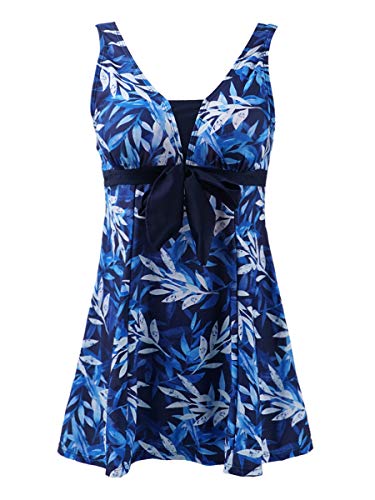 MiYang Women's Plus Size Swimdress Bowknot Floral High Waist One Piece Swimsuit Navy Leaf US XL (16-18)