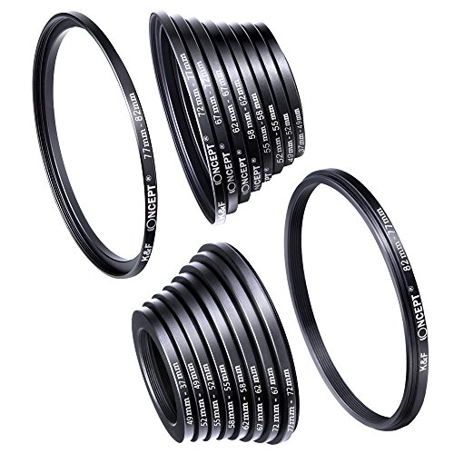 Filter Ring Adapter, K&F Concept 18pcs Camera Lens Filter Metal Stepping Rings kit (Includes 9pcs Step Up Ring Set + 9pcs Step Down Ring Set) Black