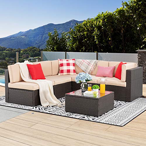 Vongrasig 6 Piece Patio Furniture Set, Small Outdoor Sectional Sofa Couch, All Weather PE Wicker L-Shaped Corner Patio Sofa Garden Backyard Patio Conversation Set w/Glass Table & Beige Cushion(Brown)