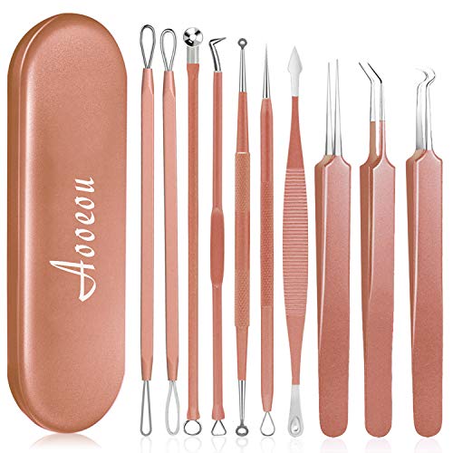 10 PCS Blackhead Remover Tool Kit, Aooeou Professional Stainless Steel Pimple Popper Tool Treatment for Blemish, Whitehead Popping, Zit Removing for Nose Face