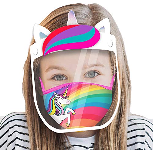 ABG Accessories Kids Face Shield with Matching Little Girls Reusable Fabric Mask, Unicorn Design, Age 4-14