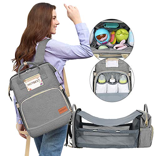 Diaper Bag with Bassinet for Baby Girl Boy Portable Changing Station Backpack Organizer Insulated Pocket Baby Crib Out Bed Foldable Waterproof Convertible Multi-Functional (Gray)