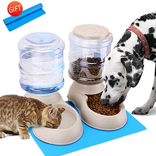Automatic Cat Feeder and Water Dispenser in Set with Pet Food Mat for Small Medium Dog Pets Puppy Kitten Big Capacity 1 Gallon x 2 (1 Gallon2)