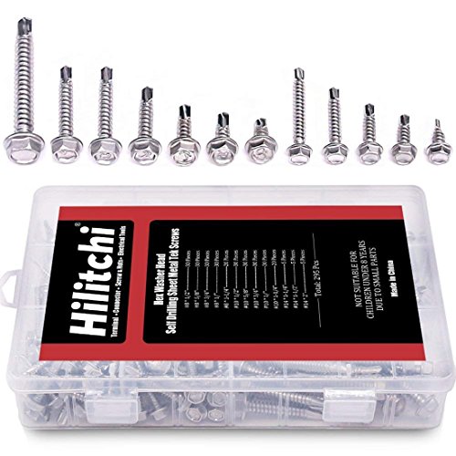 Hilitchi 295 Pieces #8 / #10 / #14 Stainless Hex Washer Head Self Drilling Sheet Metal Tek Screws with Drill Point (1/2'' to 2'' Size Inside Plastic Box)