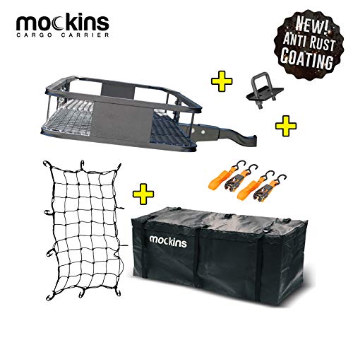 Mockins Hitch Mount Cargo Carrier with Cargo Bag and Net |The Steel Cargo Basket is 60 Long X 20 Wide X 6 Tall with A Hauling Weight of 500 Lbs & A Folding Shank to Preserve Space When Not in Use … …