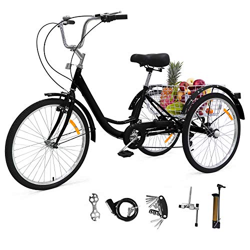 Adult Tricycles Three Wheel Trike Bike Cruiser 7 Speed, Adult Trikes 24 inch Wheels Low Step-Through with Cargo Basket/Full Assembly Tool for Women, Men, Seniors (Cool Black, 26'' Wheel)