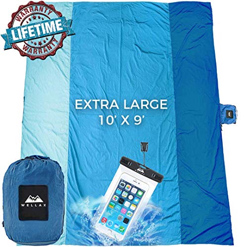 WellaX Sandfree Beach Blanket - Huge Ground Cover 9' x 10' for 7 Adults - Best Sand Proof Picnic Mat for Travel, Camping, Hiking and Music Festivals - Durable Tarp with Corner Pockets (Blue)