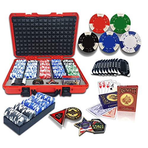 Professional 500PCS Poker Set with Red Hard Carrying Case | 40mm Casino Style Chips, 2 Decks, 3 Trays, 4 buttons, all in, dealer, big blind & small blind, 10 Bricks for Texas Holdem Blackjack Gambling