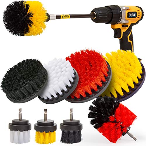 Holikme Drill Brush Power Scrubber Cleaning Brush Extended Long Attachment Set All Purpose Drill Scrub Brushes Kit for Grout, Floor, Tub, Shower, Tile, Bathroom and Kitchen Surface(Yellow)