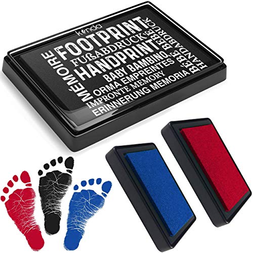 Baby Ink Pad – Handprint & Footprint Newborn Kit – Print Stamps Reusable Feet & Hands Stamps – 100% Non-Toxic, Acid-Free – Smudge-Proof Designs – Ideal Family Memory (Black+Blue+Red)