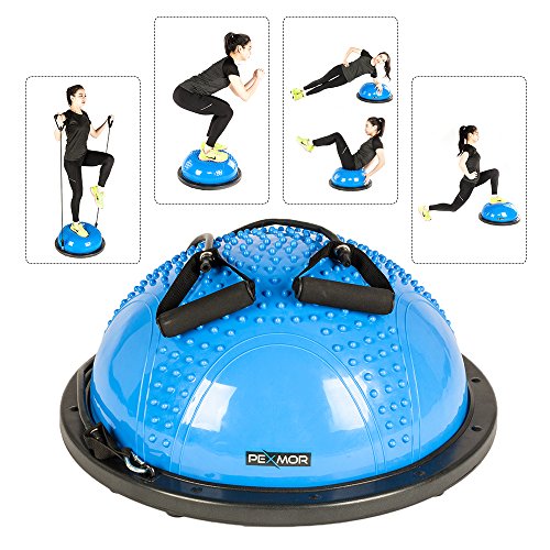 PEXMOR Yoga Half Ball Balance Trainer Exercise Ball Resistance Band Two Pump Home Gym Core Training (Ｍassage Version - Blue)
