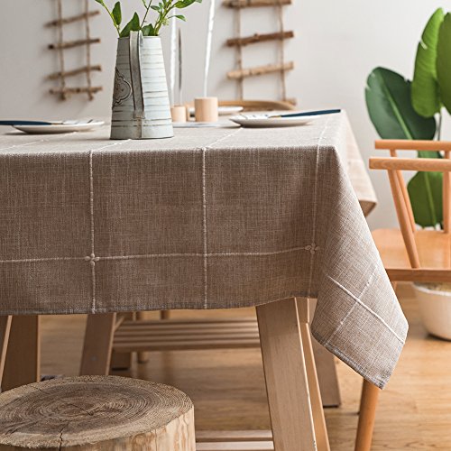 ColorBird Solid Embroidery Lattice Tablecloth Cotton Linen Dust-Proof Checkered Table Cover for Kitchen Dinning Tabletop Decoration (Rectangle/Oblong, 52 x 120 Inch, Linen)