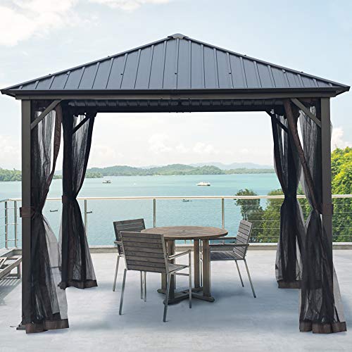 AsterOutdoor 10x10 Outdoor Hardtop Gazebo for Patios Galvanized Steel Canopy for Shade and Rain with Mosquito Netting, Metal Frame for Lawn, Backyard and Deck 99% UV Rays Block, Black