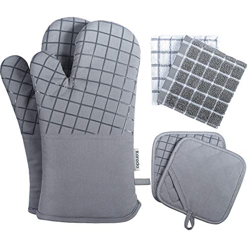 koroda Oven Mitts and Pot Holders Sets: 550°F High Heat Resistant Oven Mitts with Kitchen Towels Thick Cotton Cooking Gloves with Silicone Non-Slip Grip for Baking Grilling and BBQ(6pcs, Grey)