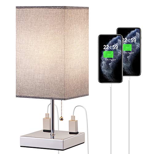 Bedside Table Lamp, Nightstand Lamp with 2 Useful 2-Prong A/C Outlets, Desk Light with Gray Square Fabric Shade, Grey Small Lamp for Bedroom Living Room Home Office