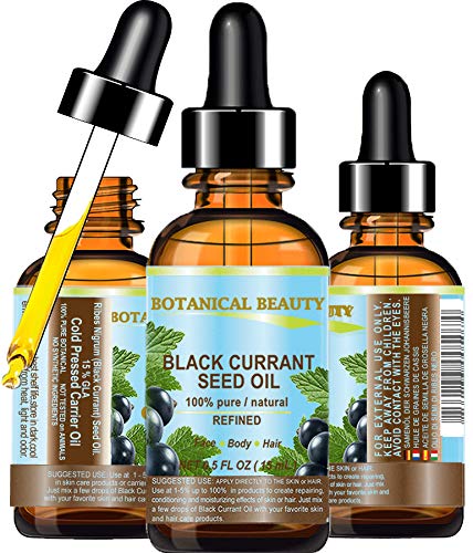 BLACK CURRANT SEED OIL. 100% Pure / Natural / Undiluted / Refined Cold Pressed Carrier oil. 0.5 Fl.oz. - 15ml. For Skin, Hair, Lip and Nail Care. 'One of the richest in gamma-linolenic acid, Omega 3, 6 and 9 Essential Fatty Acids'. by Botanical Beauty