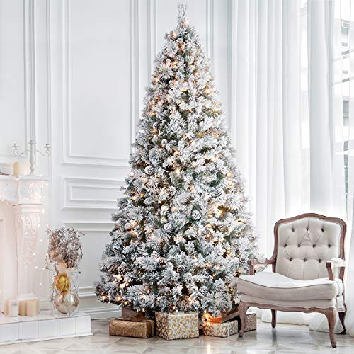 ANOTHERME 6ft Pre-Lit Christmas Tree Snow Flocked, Feel Real, 300 Warm Lights,Pinecones Hinged Artificial Trees