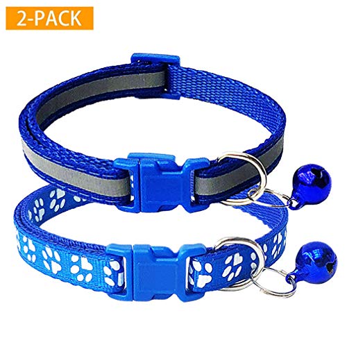 CHBORCHICEN 2-Pack Footprint & Reflective Cat Collar with Bell Basic Dog Cat Collar Buckle Adjustable Polyester Cat Dog Collar or Seatbelts (Small, Blue)