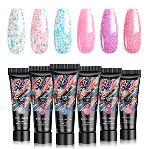 Poly Nail Glitter Extension Gel, MEET ACROSS 15ML 6 Colors Quick Building Extension Gel for Nail Thickening Solution for Salon Home Manicure Beginner Professional