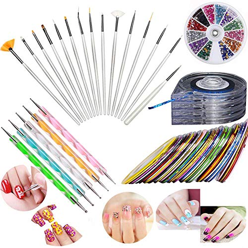 JOYJULY Nail Art Kit includes 30 Striping tape & 4Pcs Striping Roller Box & 12 Colors Rhinestones & 5pcs Dotting Pen & 15pcs Brush Set
