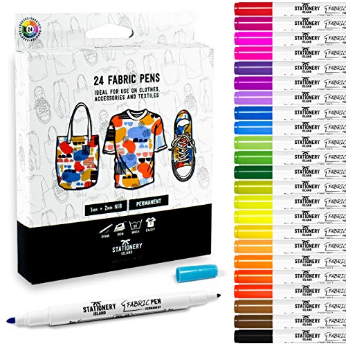 Stationery Island Dual Tip Fabric Paint Pens Pack of 24 Colors – 1mm and 2mm Nibs. Permanent Washable Fabric Markers with Felt Tips. for Textiles (Inc. T-Shirts, Denim, Cloth Bags and Canvas)