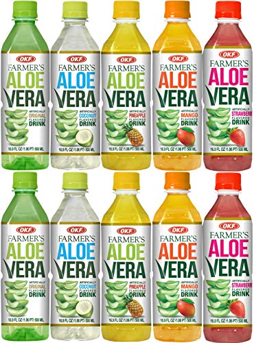 Farmer's Aloe Vera Variety Pack - Original, Mango, Coco, Fresa/Strawberry, Pina/Pineapple Drinks, 16.9 Fl Oz (Pack of 10, Total of 169 Oz)