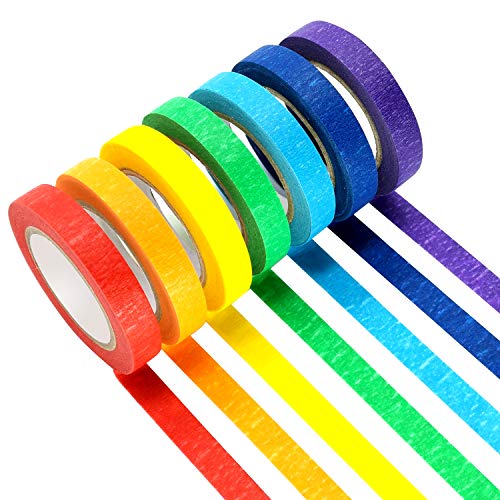 Colored Masking Tapes, 7PCS Arts Rainbow Labelling Masking Tape Fun Supplies Kit for Kids and Adults, Painters Tapes for Crafts, School Projects, Party Decorations and More (0.4 Inch, 12 yd)