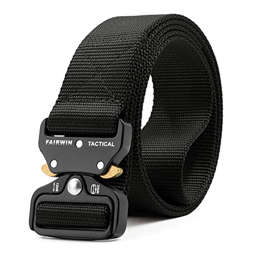 Fairwin Tactical Belt, Military Style Webbing Riggers Web Belt Heavy-Duty Quick-Release Metal Buckle (Black, M - Waist 36'-42')