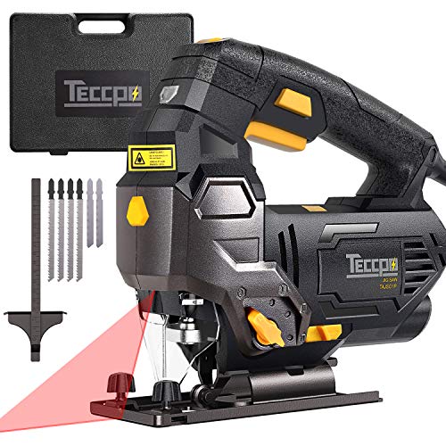 TECCPO Jigsaw, 6.5 Amp 3000 SPM Jigsaw Tool with Laser, Variable Speed,Tool-free Switching Angle(-45°-45°), Carrying Case, 6 Blades, Scale Ruler, Pure Copper Motor -TAJS01P