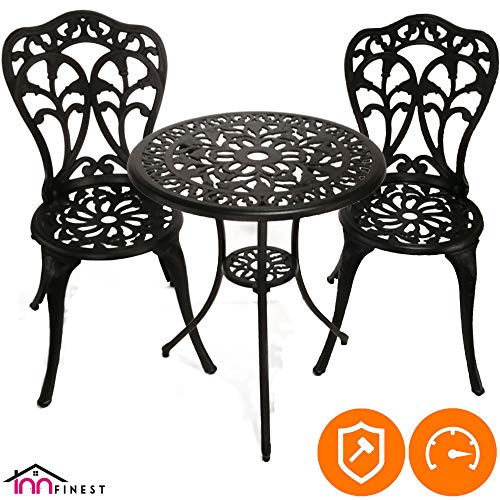 InnFinest 3-Piece Patio Bistro Dining Set - Cast Aluminum Table and Chairs - Outdoor Furniture Tulip Design - with Umbrella Hole - Ergonomic Rust-Resistant - for Porch Backyard Garden Balcony (Black)