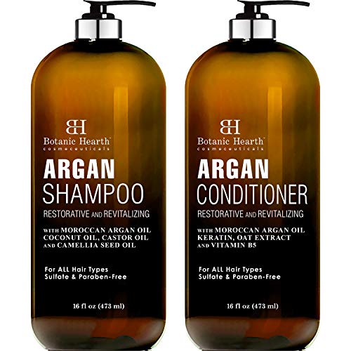 BOTANIC HEARTH Argan Oil Shampoo and Conditioner Set - with Keratin, Restorative & Moisturizing, Sulfate Free - All Hair Types & Color Treated Hair, Men and Women - (Packaging May Vary) -16 fl oz x 2