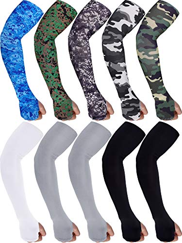 10 Pairs Men's Cooling Arm Sleeves Long Fingerless Gloves Anti-Slip Sun Protection Arm Sleeves (Black, Gray, White and Mixed Camo)