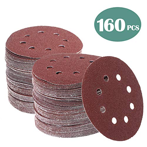 160 Pcs 5 Inch Sanding Discs Hook and Loop Orbital Sander Sandpaper 40 60 80 100 120 150 240 320 400 600 Grit 8 Hole Sanding Discs (160 PCS, 40-600 GRIT)