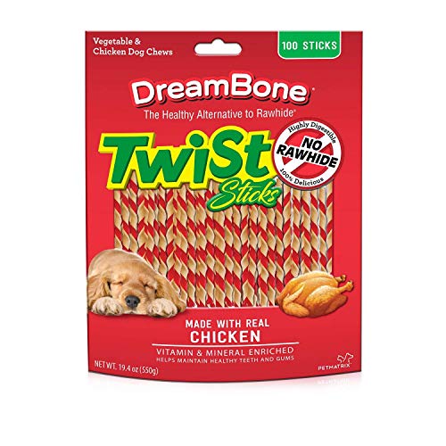 DreamBone Twist Sticks Rawhide Free Dog Chews, Made with Real Chicken, 100 Pack