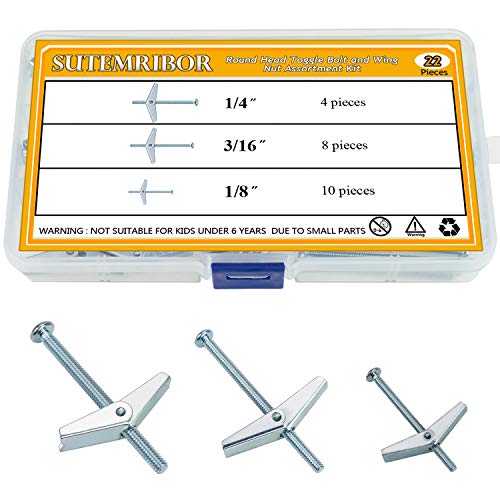 Sutemribor 1/8 Inch, 3/16 Inch, 1/4 Inch Toggle Bolt and Wing Nut for Hanging Heavy Items on Drywall, 22 PCS