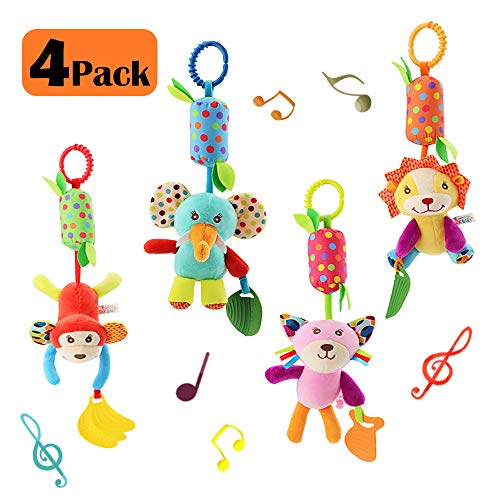 Baby Hanging Rattles Toys, Newborn Crib Toys Car Seat Stroller Toys for Infant, Colorful Animal Bell Soft Baby Sensory Rattles Toys with Teether for Babies Boys and Girls 3 6 9 to 12 Months(4 Pack)