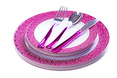 FOMOICA Pink Plastic Plates and Pink Silver Silverware - 125 Piece Disposable Premium Plastic Dinnerware Set – Dinner Plates, Forks, Spoons, Knives – Birthday Parties, Wedding, Halloween, Christmas