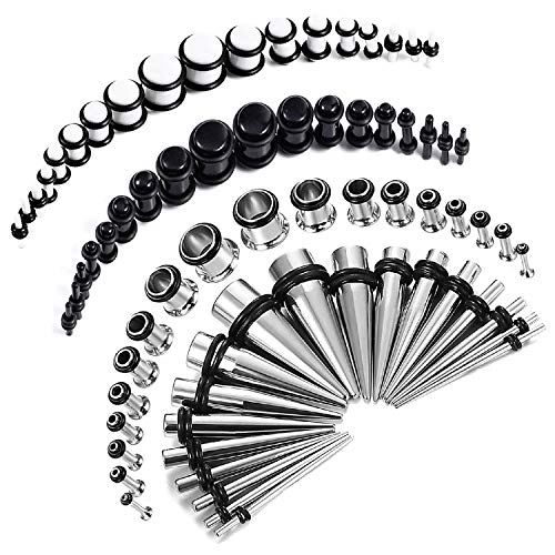 BodyJ4You 72PC Gauges Kit Black White Acrylic Plugs Stainless Steel Tapers 14G-00G Stretching Set