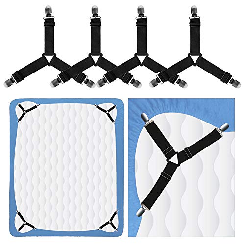 Rareccy Bed Sheet Holder Straps, Adjustable Bed Sheet Fastener and Triangle Elastic Mattress Sheet Clips Suspenders Grippers Fasteners Heavy Duty Keeping Sheets Place for Bedding Mattress (4 PCS)