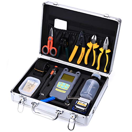 FTTH Fiber Optic Assembly Cables Termination Tool Kits 23 in 1 Cold Connection Tool with the FC-6S Fiber Cleaver 10KM Visual Fault Locator Fiber Optic Fiber Stripping Tool Equipment