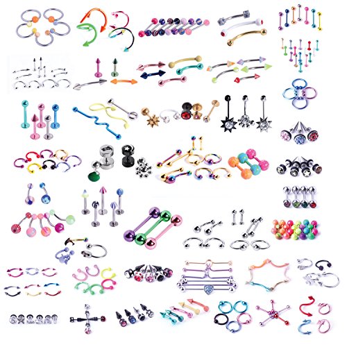 BodyJ4You 120 PCS Body Piercing Lot Belly Ring Tongue Eyebrow Tragus Barbells 14G 16G Random Mix