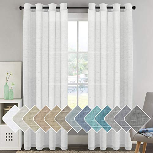 H.VERSAILTEX Window Treatments Linen Curtain Panels Open Weave White - Natural Linen Blended Sheer Curtains with Nickel Grommet for Living Room, Privacy Assured (52 by 96 Inch, Set of 2)