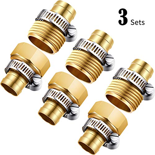 3 Sets 5/8 Inch Brass Garden Hose Repair Kit Mender End Water Hose End Mender Female and Male Hose Connector with 6 Pieces Stainless Steel Clamp