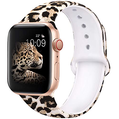 EXCHAR Compatible with Apple Watch Band 40mm 38mm Fadeless Pattern Printed Floral Bands Silicone Replacement Band for iWatch Series 4/5 Series 3/2/1 for Women Men M/L Leopard 01