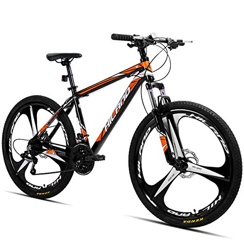 Hiland 26 Inch Mountain Bike Aluminum MTB Bicycle with 17 Inch Frame Kickstand Disc-Brake Suspension Fork Cycling Urban Commuter City Bicycle 3-Spokes Black Orange