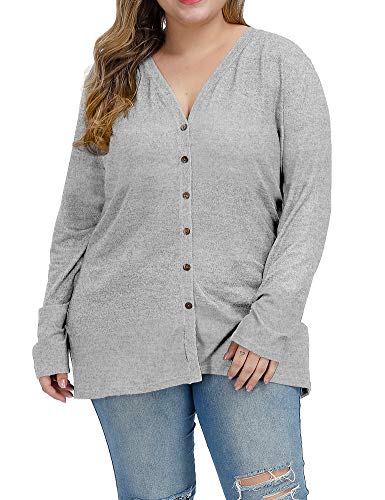 Allegrace Women Plus Size Blouses Openable Button Down Shirts Long Sleeve Casual Tee Tops Gray 24W