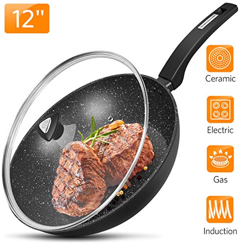 12” Stir Fry Pans with Lids, Nonstick Woks with Ergonomic Handle and Flat Bottom, Frying Skillet with APEO & PFOA-Free Stone-Derived Non Stick Coating, CSK Wok Pan