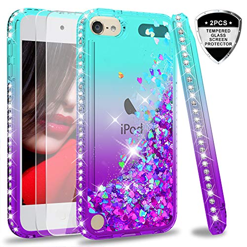 iPod Touch 7 Case, iPod Touch 6 Case, iPod Touch 5 Case with Tempered Glass Screen Protector [2 Pack] for Girls, LeYi Glitter Liquid Clear Phone Case for Apple iPod Touch 7th/ 6th/ 5th Gen Teal/Purple