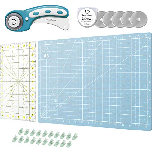 Rotary Cutter Set Turquoise - Quilting Kit incl. 45mm Fabric Cutter, 5 Replacement Blades, A3 Cutting Mat, Acrylic Ruler and Craft Clips - Ideal for Crafting, Sewing, Patchworking, Crochet & Knitting